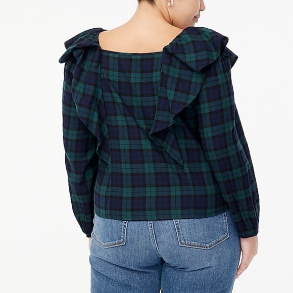 J Crew Flannel Squareneck Ruffle Top in Blackwatch Green Navy Black Plaid - Picture 7 of 7